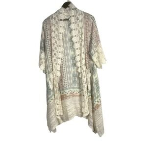 Umgee USA Boho Kimono Cardigan S/M Crochet Lace Trim Open Front Boho Cottagecore